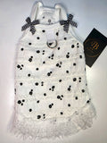 Vestido Tweed Blanco con Flores Negras y Moños Vichy