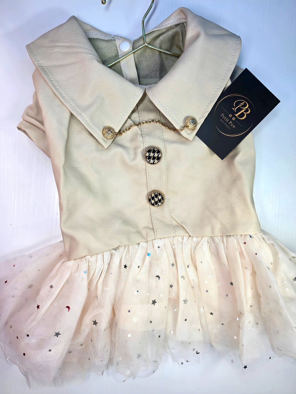 Vestido Cuero Vegano con Botones Pata de Gallo y Tul