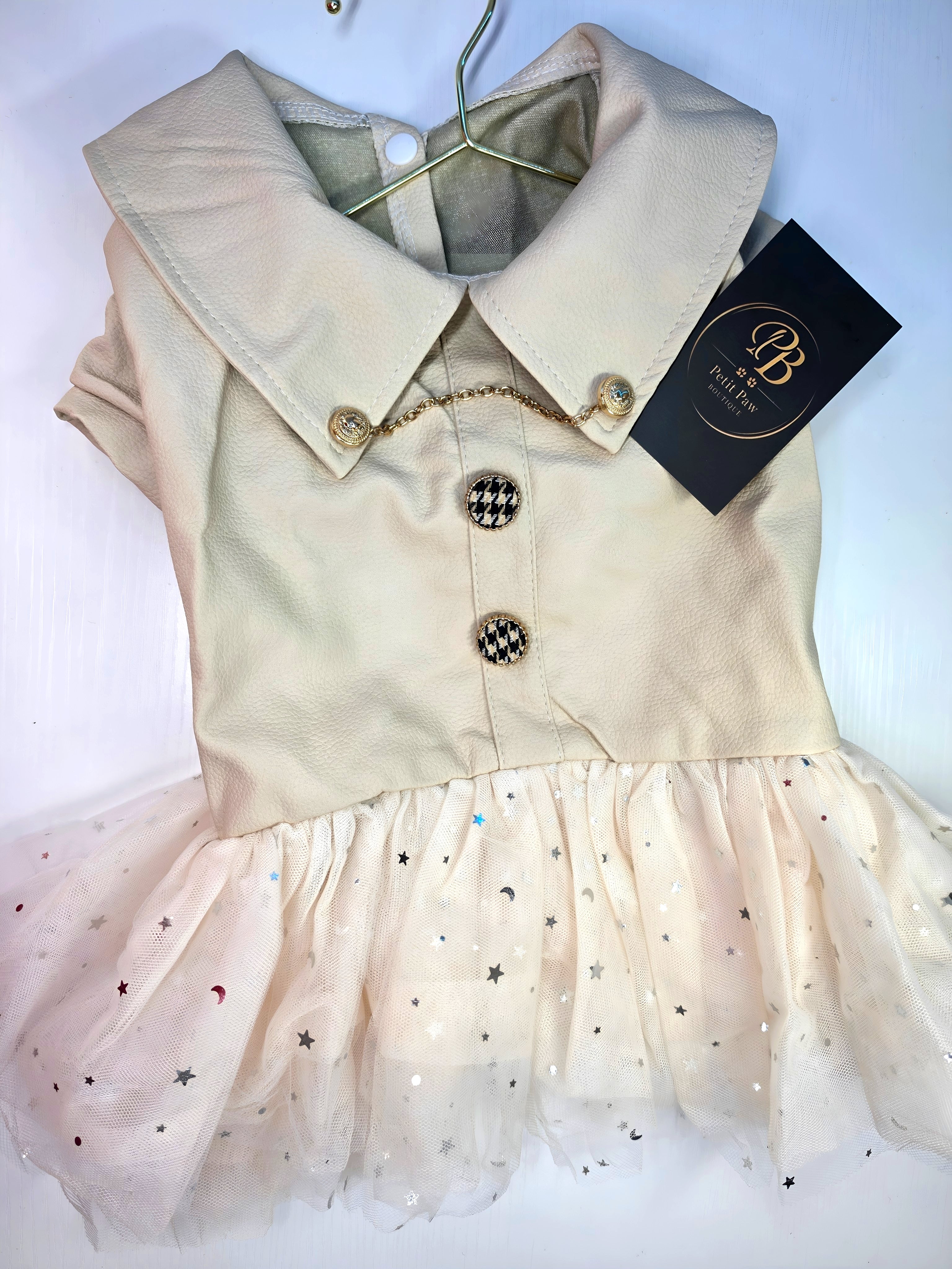 Vestido Cuero Vegano con Botones Pata de Gallo y Tul